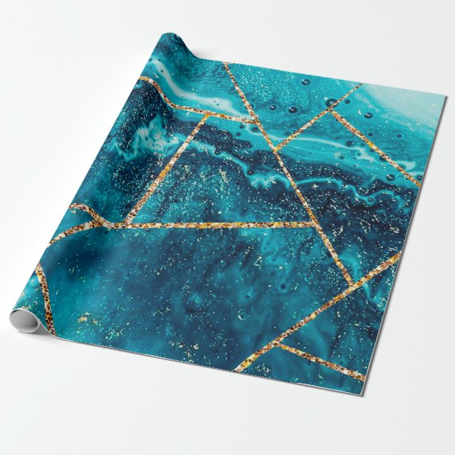 Papel De Presente Monograma Chic do Geode do Agate Dourado Azul do M (Desenrolado)