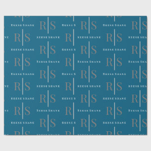 Papel De Presente Monograma Cinza Elegante & Nome Branco, Azul