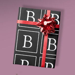 Papel De Presente Monograma Clássico Simples Preto c/ Texto Branco