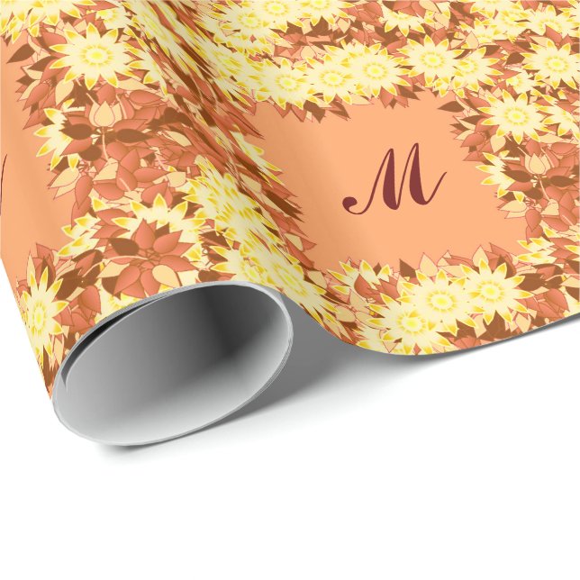 Papel De Presente Monograma com flores - cacau e amarelo (Ponta do rolo)