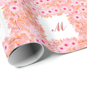 Papel De Presente Monograma com flores - cor-de-rosa e pêssego
