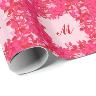Papel De Presente Monograma com flores - fúcsia e rosa