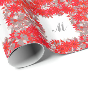 Papel De Presente Monograma com flores - vermelho e cinza