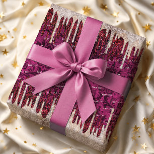 Papel De Presente Monograma com Gotas de Brilho Vermelho Rosa Chic