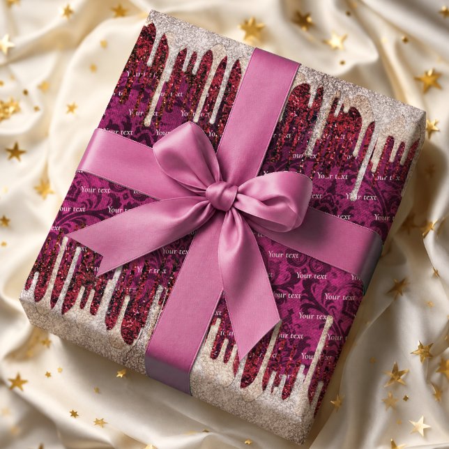 Papel De Presente Monograma com Gotas de Brilho Vermelho Rosa Chic (Criador carregado)
