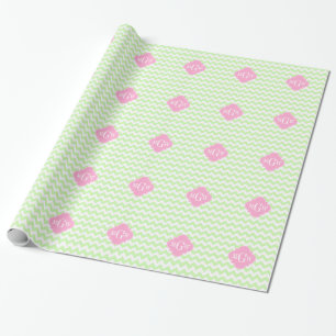 Papel De Presente Monograma cor-de-rosa branco de Chevron Quatrefoil