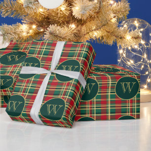 Papel De Presente Monograma da Xadrez de Natal Vermelha e Verde
