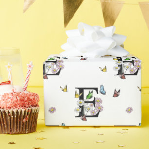 Papel De Presente Monograma de Borboleta Aquarela Floral Letra E   