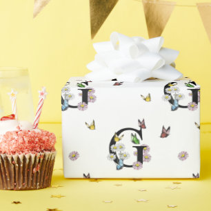 Papel De Presente Monograma de Borboleta em Aquarela Floral com Letr