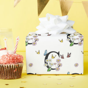 Papel De Presente Monograma de Borboleta Floral em Aquarela com Letr
