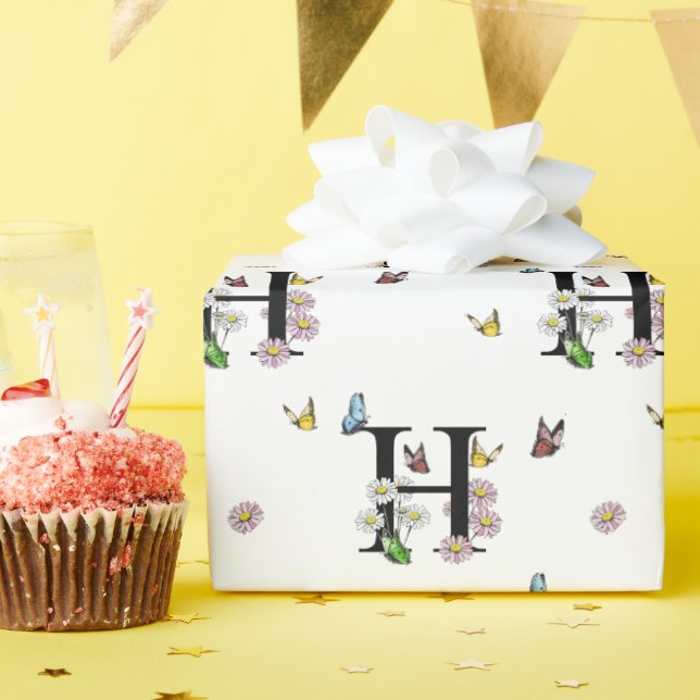 Papel De Presente Monograma de Borboleta Floral em Aquarela com Letr (Festa de aniversário)