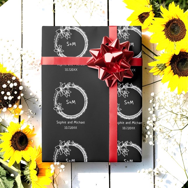 Papel De Presente Monograma de Casamento Preto Branco  (Criador carregado)