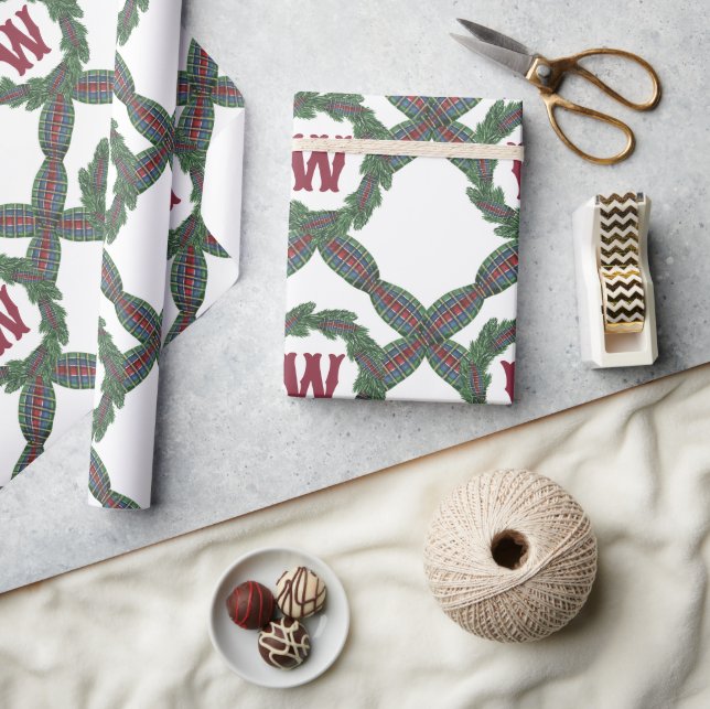 Papel De Presente Monograma de Grinalda de Xadrez Clássico de Natal  (Artesanato)