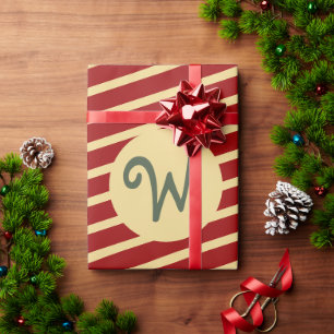 Papel De Presente Monograma de Listras Vermelho Carmesim e Creme Var