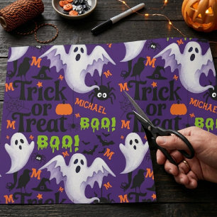 Papel De Presente Monograma de Nome de Crianças Fantasma Roxo