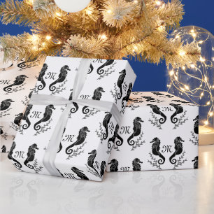 Papel De Presente Monograma de Silhueta de Cavalo Negro