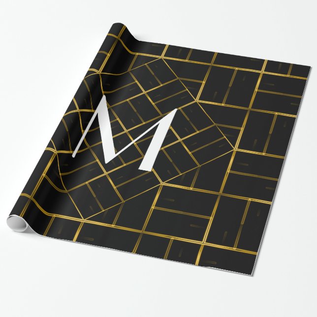 Papel De Presente Monograma Dourado geométrico elegante do teste (Desenrolado)