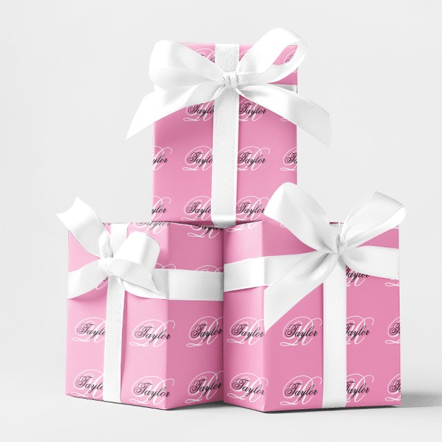 Papel De Presente Monograma Elegante Preto e Branco Rosa (Black and White Fancy Monogram Pink Wrapping Paper)