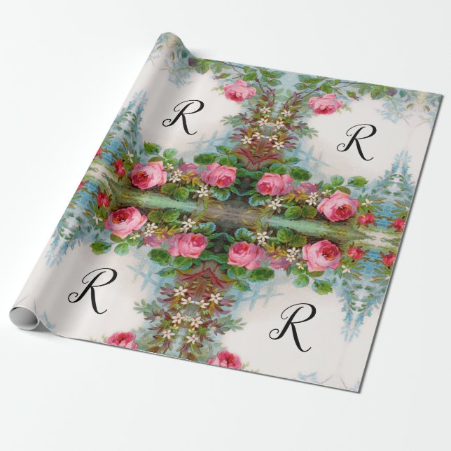 PAPEL DE PRESENTE MONOGRAMA FLORAL DE ROSAS E JASMINS (Desenrolado)