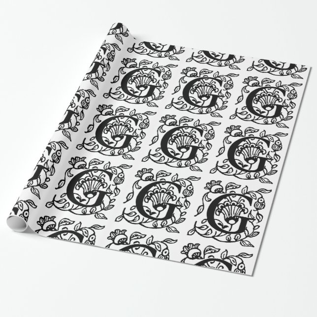 Papel De Presente Monograma G Padrão Floral Branco e Preto Inicial (Desenrolado)