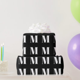 Papel De Presente Monograma inicial personalizado branco preto moder
