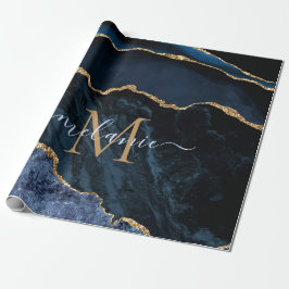 Papel De Presente Monograma Nome Agate Marinho Azul Dourado Marble G