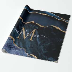 Papel De Presente Monograma Nome Agate Marinho Azul Dourado Marble G
