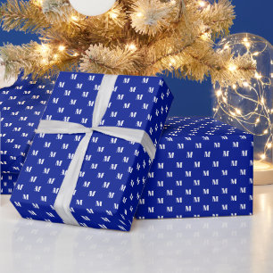 Papel De Presente Monograma personalizado branco-esbranquiçado azul