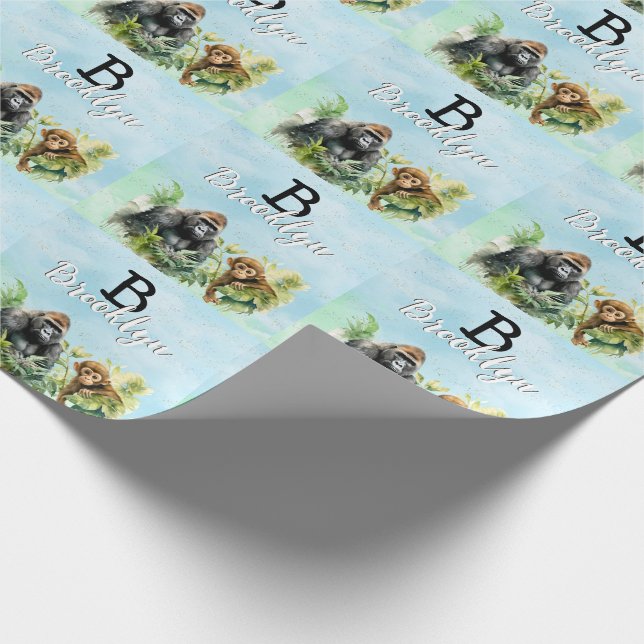 Papel De Presente Monograma Personalizado da Selva de Gorilla Chimpa (Ponta)