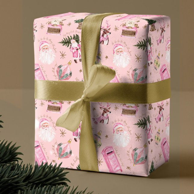Papel De Presente Monograma Personalizado de Natal Retroativo Papais (Vintage Santa Retro Pink Christmas Custom Monogram Wrapping Paper)