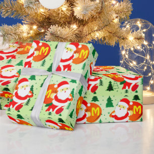 Papel De Presente Monograma personalizado Papai Noel entregando pres