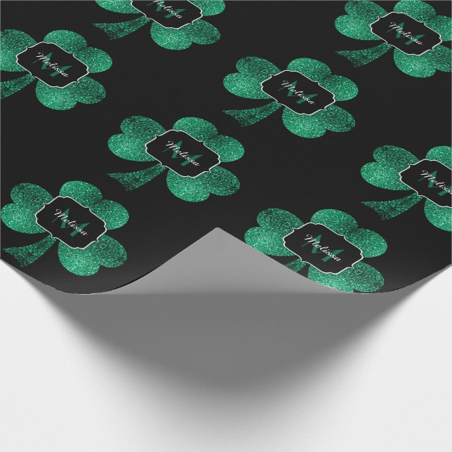Papel De Presente Monograma preto de Shamrock Verde Sparkle Emerald (Ponta)