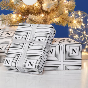 Papel De Presente Monograma Preto e Branco Classic Square