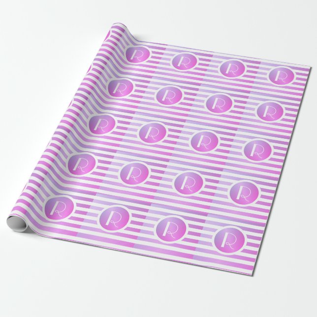 Papel De Presente Monograma Roxo e Listras Brancas (Desenrolado)