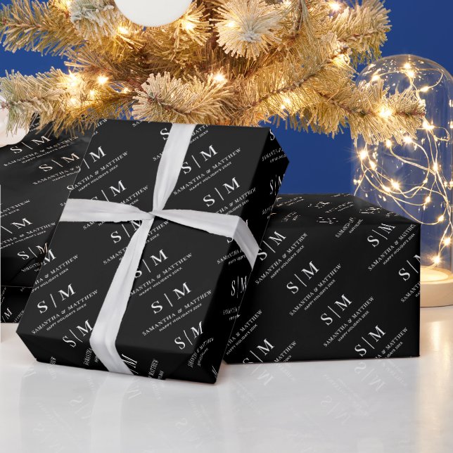 Papel De Presente Monograma Simples de Casal Preto e Branco (Feriados)