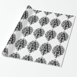 Papel De Presente Monograma Um Padrão Floral Branco e Preto Inicial