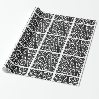 Papel De Presente Monograma Um Padrão Floral Branco e Preto Inicial