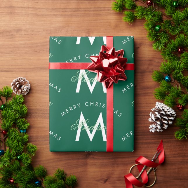 Papel De Presente Monograma Verde de Feliz Natal Personalizado (Presente de Natal)