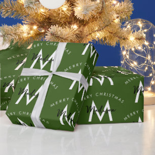 Papel De Presente Monograma Verde de Natal Moderno Personalizado
