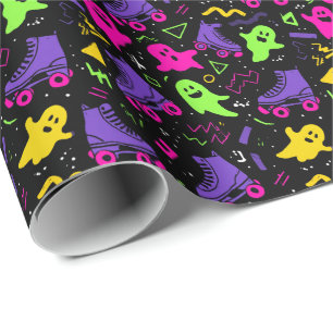 Papel De Presente Monogramas Neon e Skates Halloween