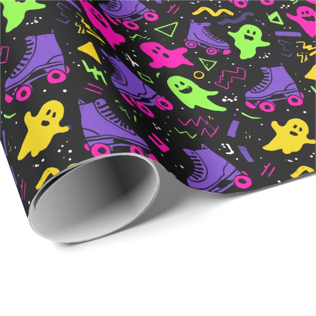 Papel De Presente Monogramas Neon e Skates Halloween (Ponta do rolo)