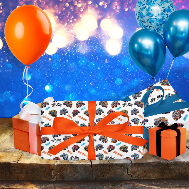 Papel De Presente Monster Truck Boom Crunch Crash Aniversário (Monster Truck "Boom, Crunch, Crash, Crush 'Em" Name Wrapping Paper for Boy's Birthday and Holiday)