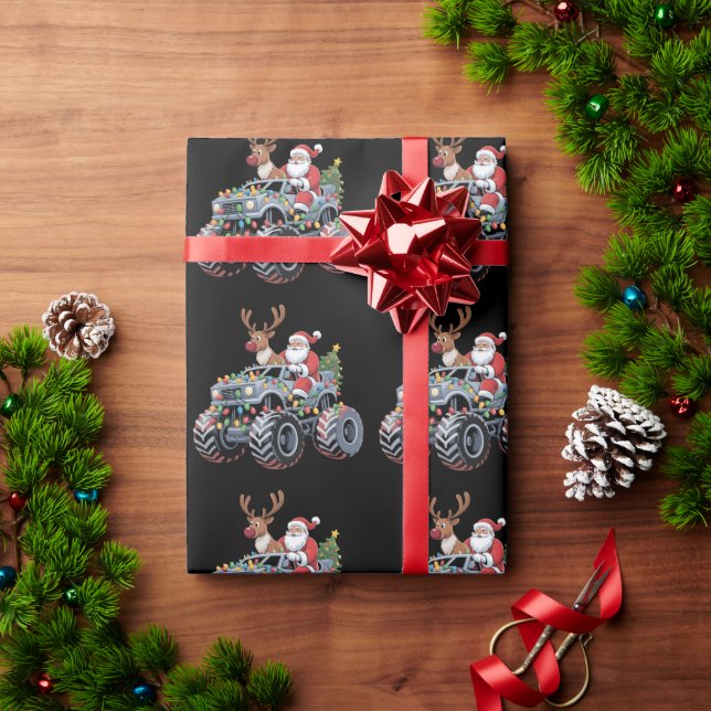 Papel De Presente Monster Truck Christmas Santa Reindeer Holiday  (Presente de Natal)