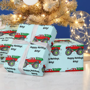 Papel De Presente Monster Truck com o nome da árvore de Natal Perso