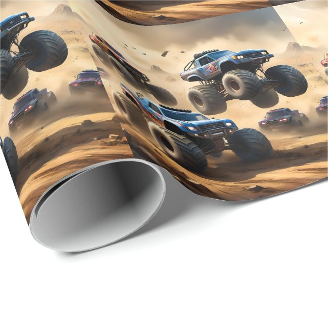 Papel De Presente Monster Trucks Correndo No Deserto, (Ponta do rolo)