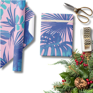 Papel De Presente Monstera Azul Tropical e Palm deixa cor-de-rosa