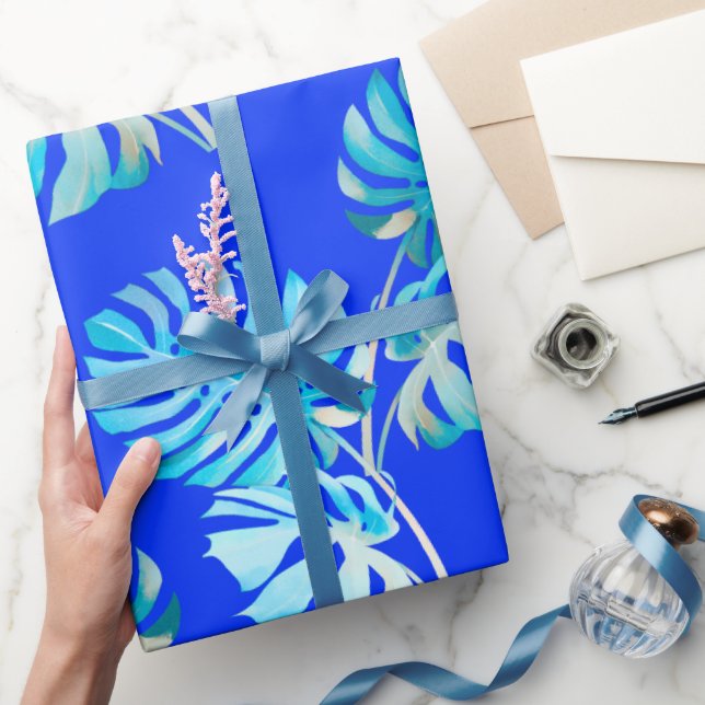 Papel De Presente Monstera Brisa Azul Cobalto (Presentear)