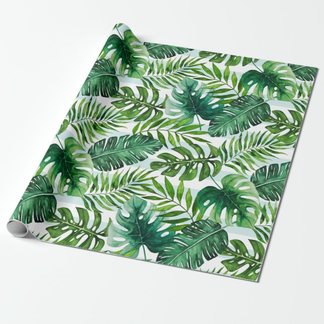 Papel De Presente Monstera e Folhas de Palma Tropicais (Desenrolado)