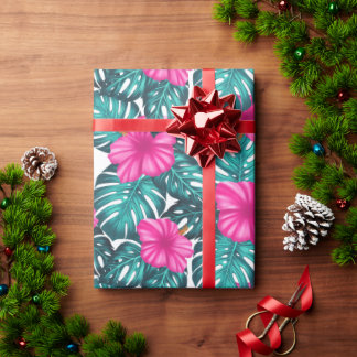 Papel De Presente Monstera Leaves e Hibiscus, Rosa Teal em Branco
