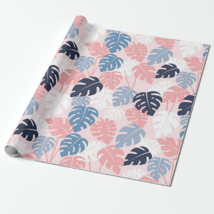 Papel De Presente Monstera tropical deixa marinho rosa e azul empoei